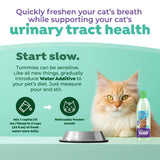 Cat with a bottle of TropiClean Fresh Breath Dental Water Additive + Urinary Tract Support for Cats and text about supporting urinary tract health and freshening breath.