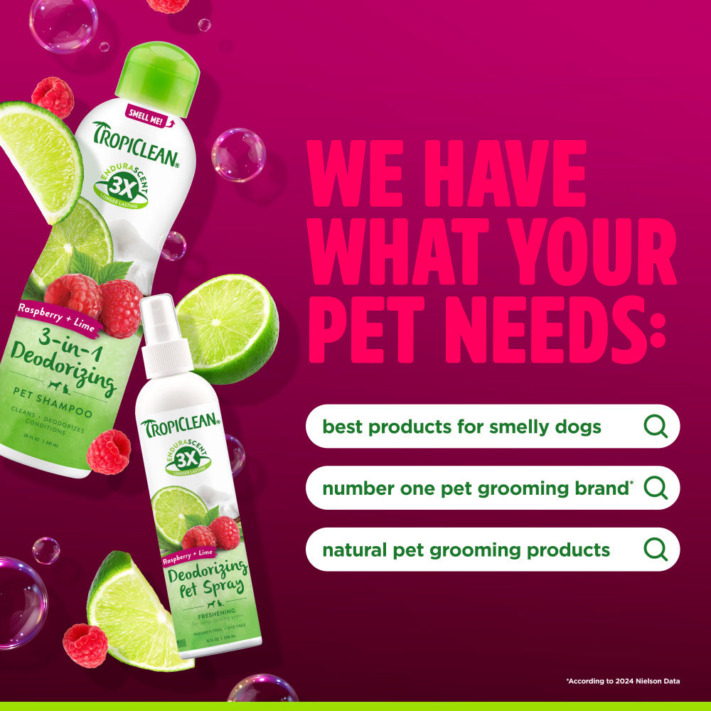 Tropiclean pet grooming products with promotional text on a magenta background