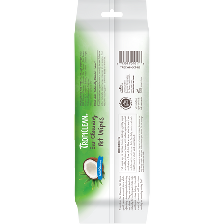 TropiClean Mild Coconut Dog & Cat Ear Cleaning Wipes, back of 50ct package