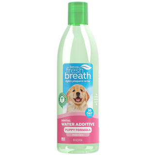 TropiClean Fresh Breath Oral Care Water Additive for Puppies, front view of 16oz bottle