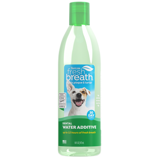 TropiClean Fresh Breath Oral Care Water Additive for Pets, front image of 16oz bottle