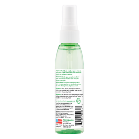 TropiClean Fresh Breath Peanut Butter Oral Care Spray for Pets, image of back of bottle