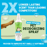 TropiClean Baby Powder Deodorizing Spray for Dogs & Cats with promotional text