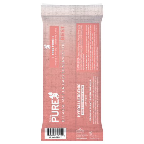 TropiClean PURE Hypoallergenic Plant-Based Wipes for Dogs & Cats, back of 50ct package
