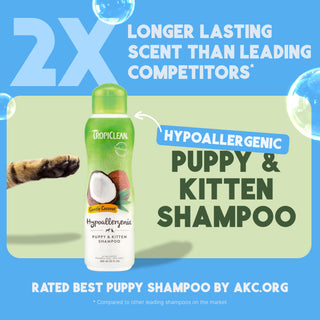 TropiClean Gentle Coconut Hypoallergenic Cat & Kitten Shampoo bottle with promotional text