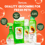 TropiClean pet grooming products on an orange background with product features highlighted.