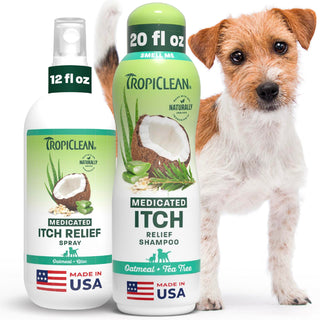 TropiClean Oatmeal + Tea Tree Medicated Itch Pet Shampoo, 20oz & TropiClean Oatmeal + Aloe Medicated Itch Relief Spray, 12 oz