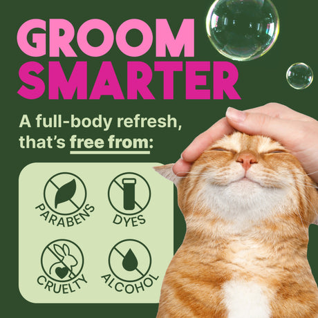 Cat being groomed with 'Groom Smarter' text and product benefits on a green background