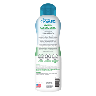 TropiClean OxyMed Hypoallergenic Oatmeal Shampoo for Dogs and Cats, back of bottle.