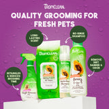 Tropiclean pet care products on a purple background with text highlighting features.