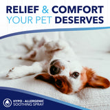 Dog lying down with text 'Relief & Comfort Your Pet Deserves' and 'Hypo-Allergenic Soothing Spray' on a white background.