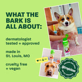 Light green background, corgi and brown dog, "What the bark is all about".