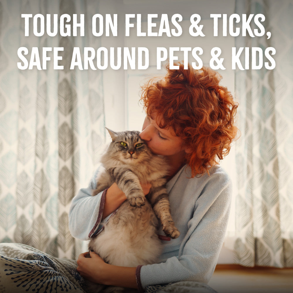 Woman holding a cat with text about TropiClean Natural Flea + Tick Cat + Home Easy Mist Spray product safety