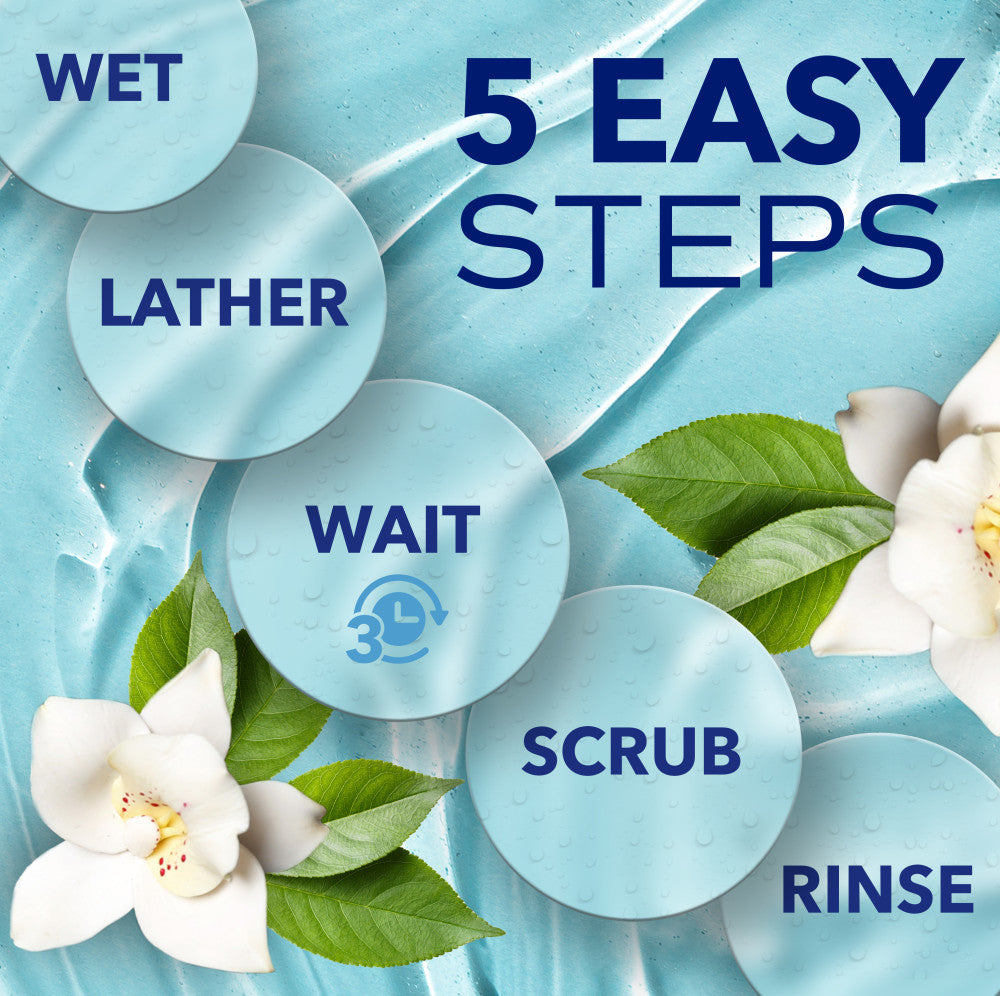 5 easy steps for cleaning with water, lather, wait, scrub, and rinse, featuring flowers and leaves on a blue background.