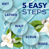 5 easy steps for cleaning with water, lather, wait, scrub, and rinse, featuring flowers and leaves on a blue background.