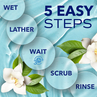 5 easy steps for cleaning with water, lather, wait, scrub, and rinse, featuring flowers and leaves on a blue background.