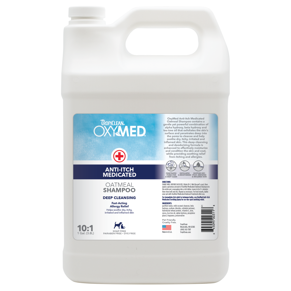 TropiClean OxyMed Medicated Anti Itch Shampoo for Pets, front of 1gal bottle