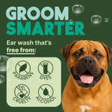 Dog with 'Groom Smarter' ear wash features on a green background