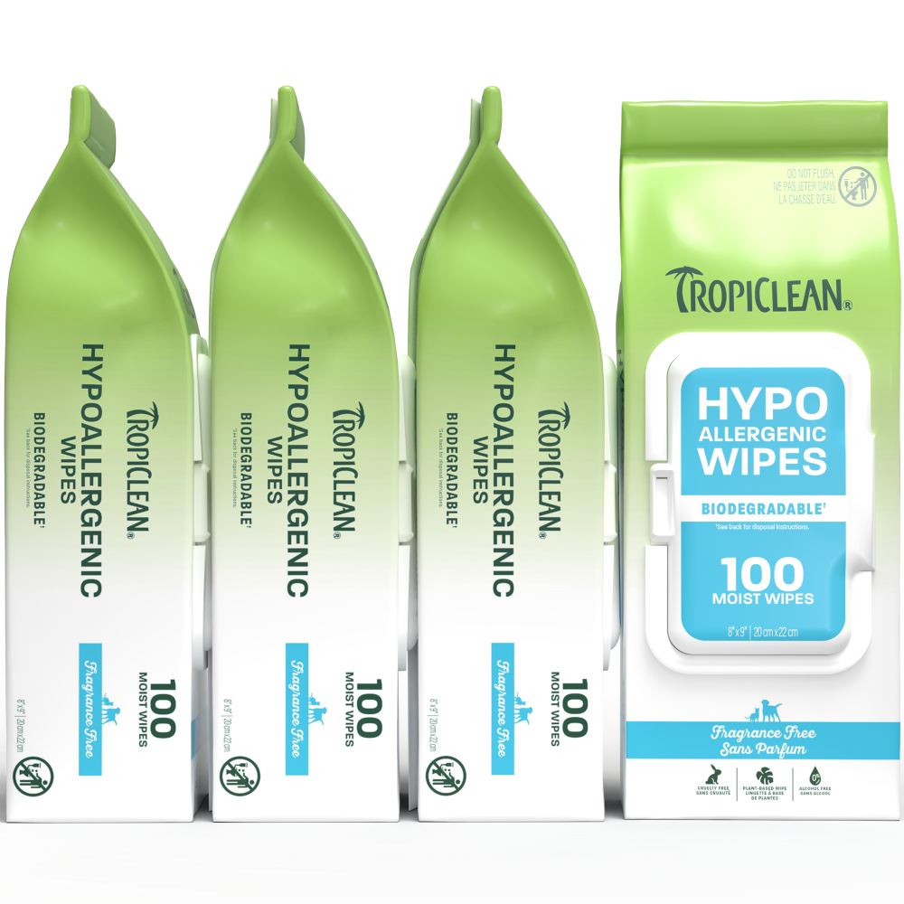 TropiClean hypoallergenic wipes 4 pack on white background