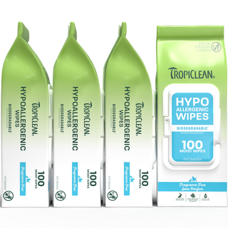 TropiClean hypoallergenic wipes 4 pack on white background