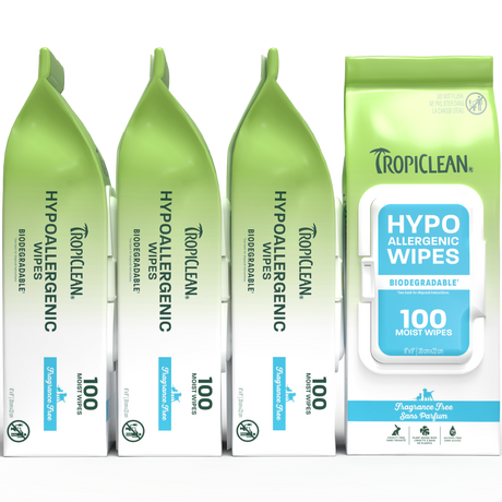 TropiClean hypoallergenic wipes 4 pack on white background