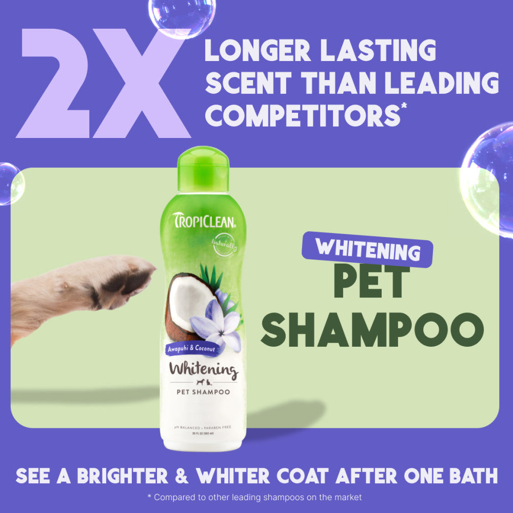 Tropiclean Whitening Pet Shampoo bottle with promotional text