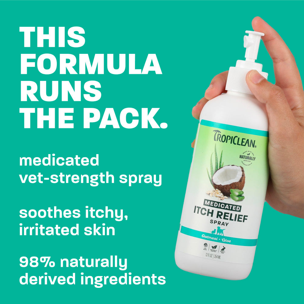 TropiClean Medicated Itch spray bottle being held. text, "This formula runs the pack".
