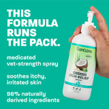 TropiClean Medicated Itch spray bottle being held. text, "This formula runs the pack".