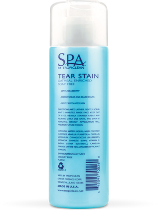 SPA by TropiClean Tear Stain Remover for Pets, back of 8oz bottle.