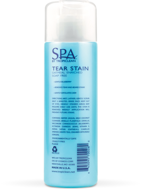 SPA by TropiClean Tear Stain Remover for Pets, back of 8oz bottle