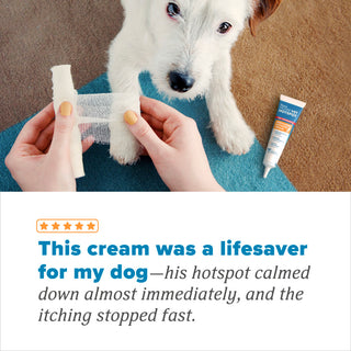 HomeVet Medicated Hot Spot Cream for Dogs by TropiClean. Dog with a bandaged paw, holding a tube of cream, with a testimonial below.