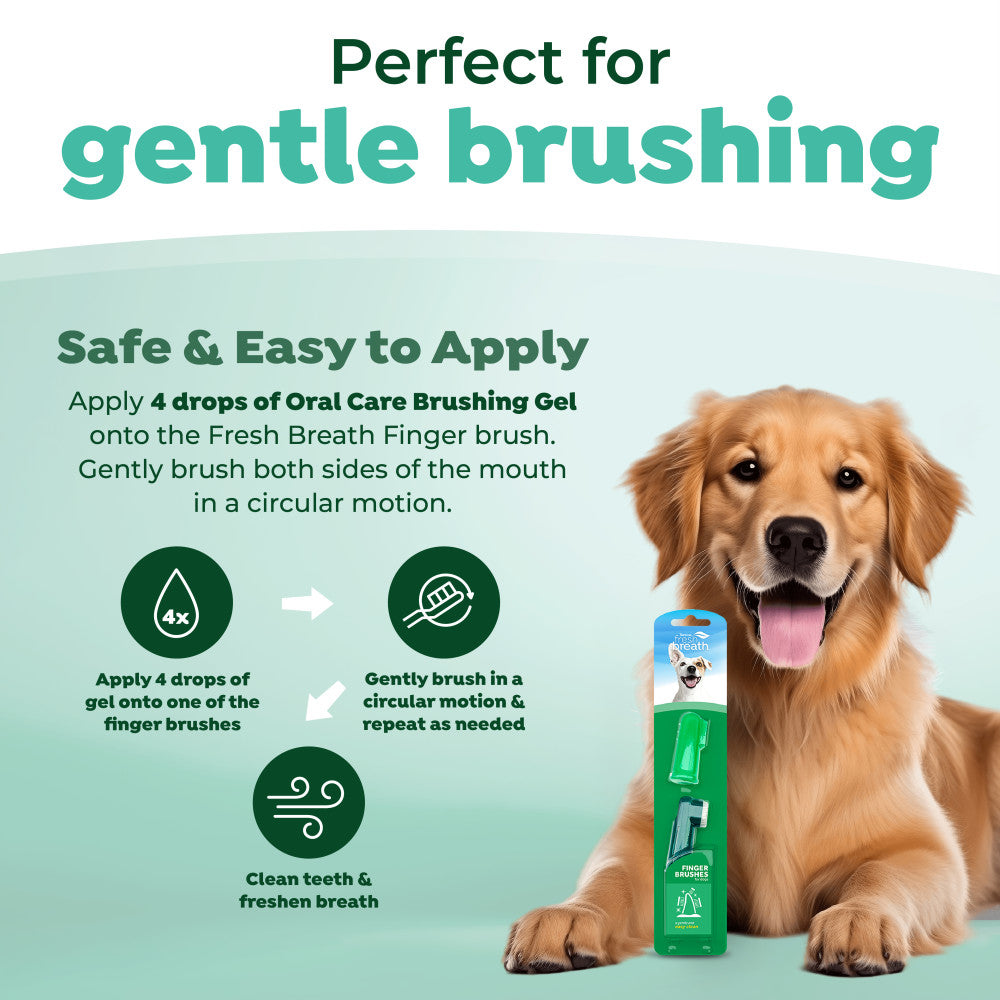 Dog with a TropiClean Fresh Breath Dog Finger Toothbrush and instructions on a green background