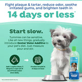 Dog with a bottle of TropiClean Fresh Breath Max Strength Dental Water Additive for Dogs, promoting pet dental care.
