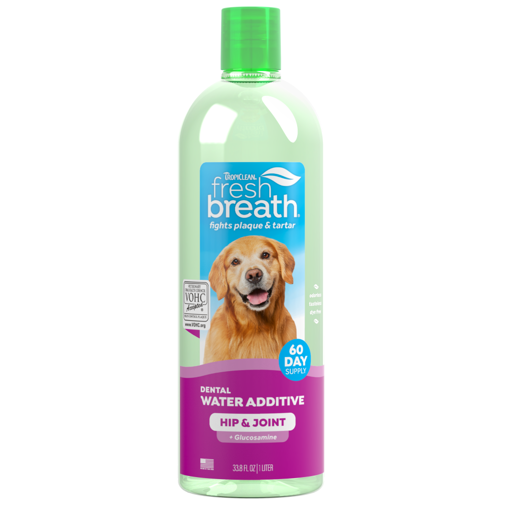 Fresh Breath by TropiClean Oral Care Water Additive Plus Hip & Joint for Pets, image of front of 33oz bottle