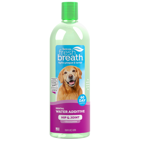 Fresh Breath by TropiClean Oral Care Water Additive Plus Hip & Joint for Pets, image of front of 33oz bottle