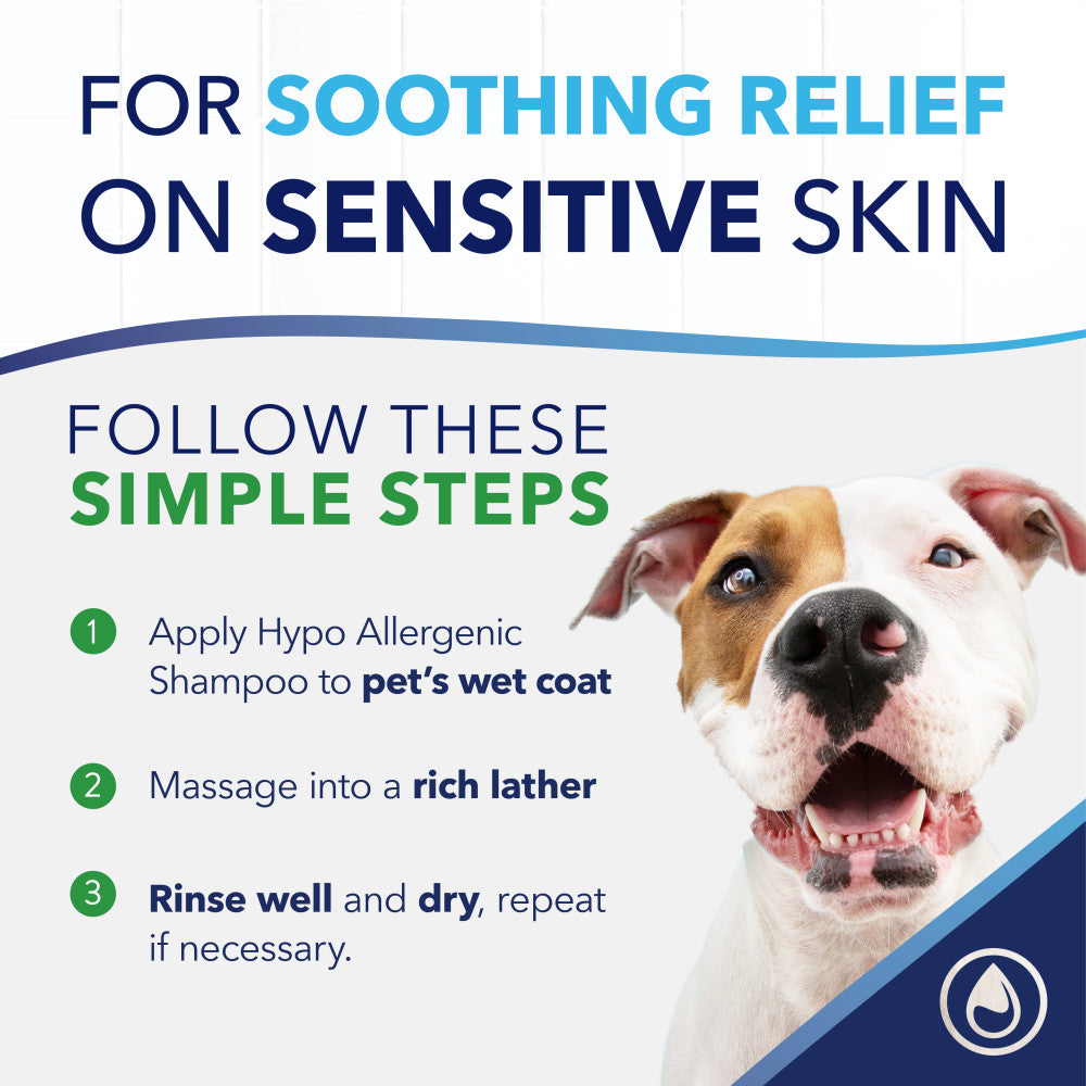 Dog with text on soothing relief for sensitive skin and instructions for using hypo-allergenic shampoo.