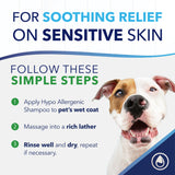 Dog with text on soothing relief for sensitive skin and instructions for using hypo-allergenic shampoo.