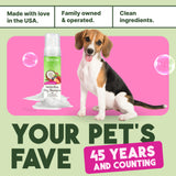 TropiClean Deep Cleansing Waterless Dog Shampoo bottle with a dog on a pink and green background, featuring text about family ownership and product features.