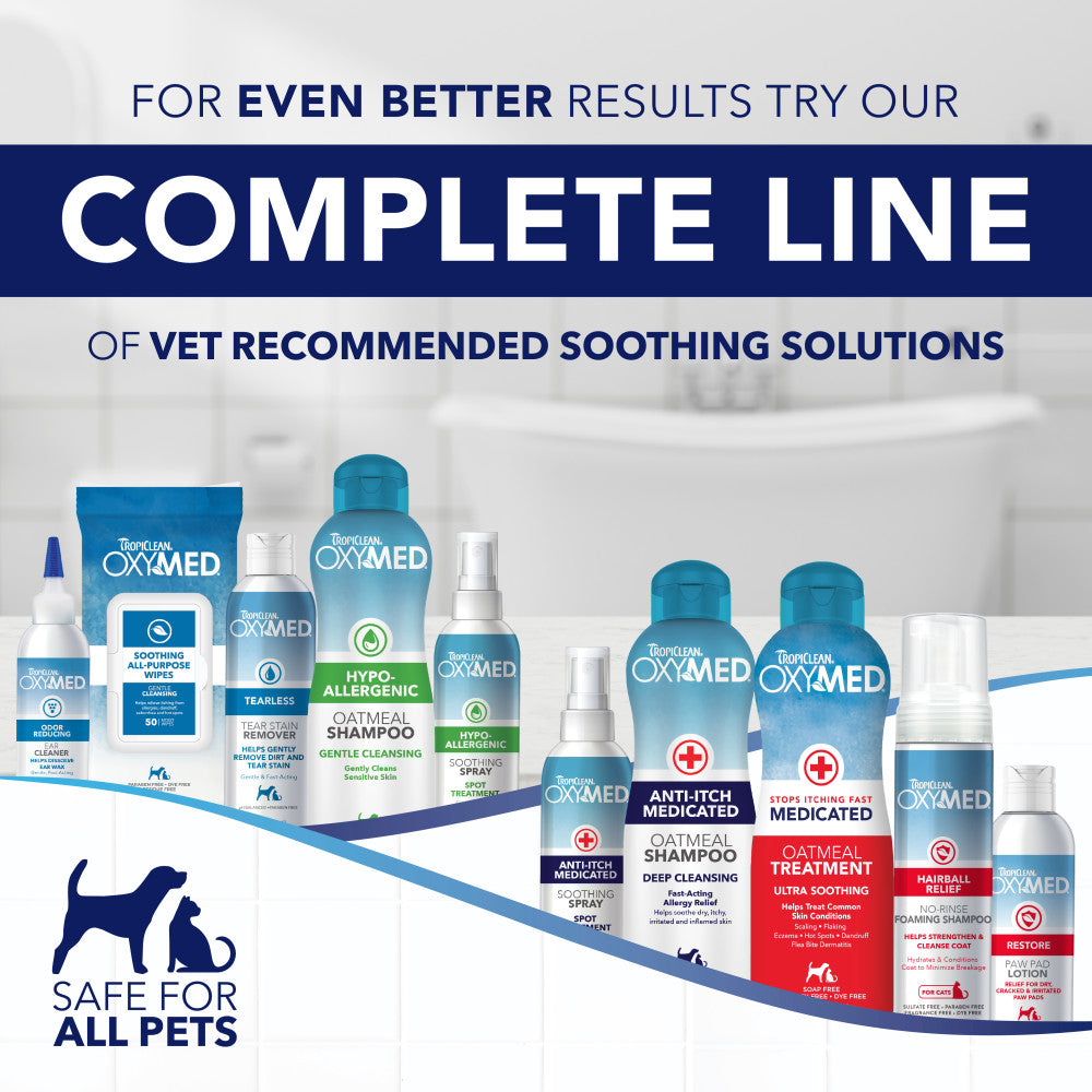 OxyMed pet care products with text promoting a complete line of vet-recommended soothing solutions.