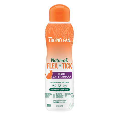 TropiClean Natural Flea + Tick Gentle Cat Shampoo, front image of the bottle