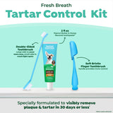 Fresh Breath Enticers Peanut Butter & Honey Tartar Control Dog Dental Kit. Kit with toothbrushes and toothpaste on a light blue background