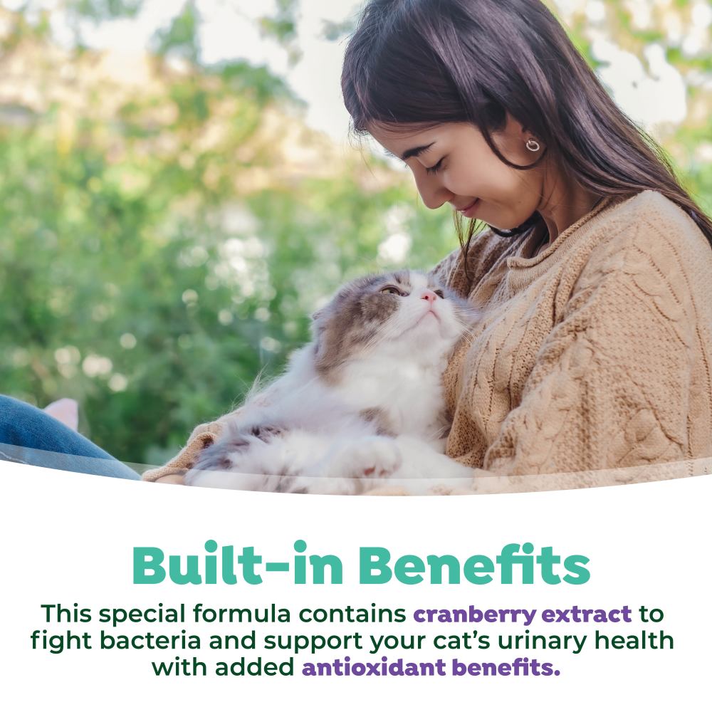 TropiClean Fresh Breath Dental Water Additive + Urinary Tract Support for Cats. Woman holding a cat with text about cranberry extract benefits