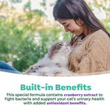 TropiClean Fresh Breath Dental Water Additive + Urinary Tract Support for Cats. Woman holding a cat with text about cranberry extract benefits