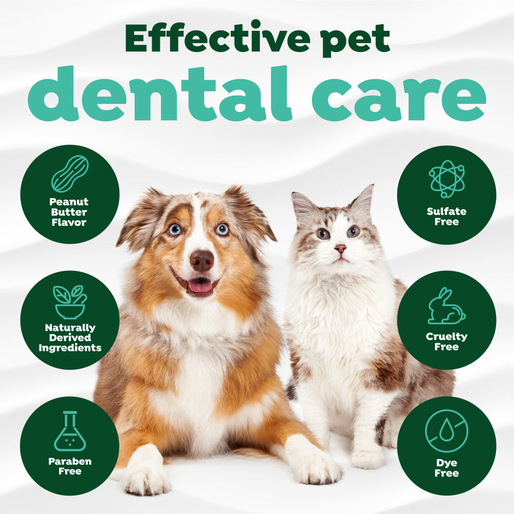Dog and cat with 'Effective pet dental care' text for TropiClean Fresh Breath Peanut Butter Oral Care Kit for Dogs & Cats