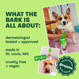 Light green background, corgi and brown dog, "What the bark is all about".