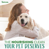 Woman holding a dog with Tropiclean branding and text about pet care.