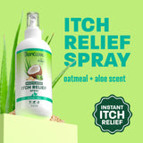TropiClean Medicated Itch spray bottle on light green background.