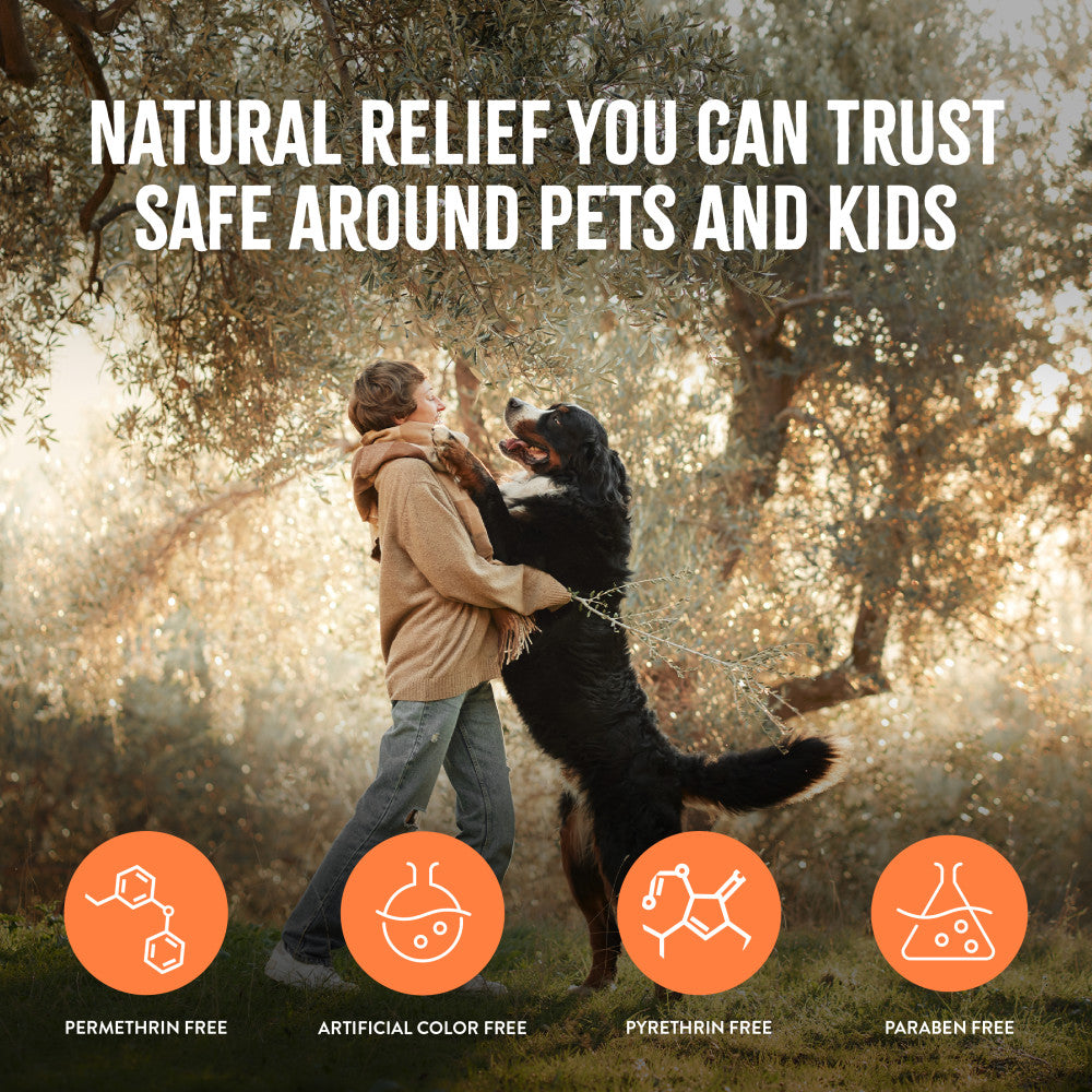 Person playing with a dog in a forest with product safety features highlighted. TropiClean Natural Flea + Tick Bite Relief Spray for Pets