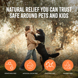 Person playing with a dog in a forest with product safety features highlighted. TropiClean Natural Flea + Tick Bite Relief Spray for Pets