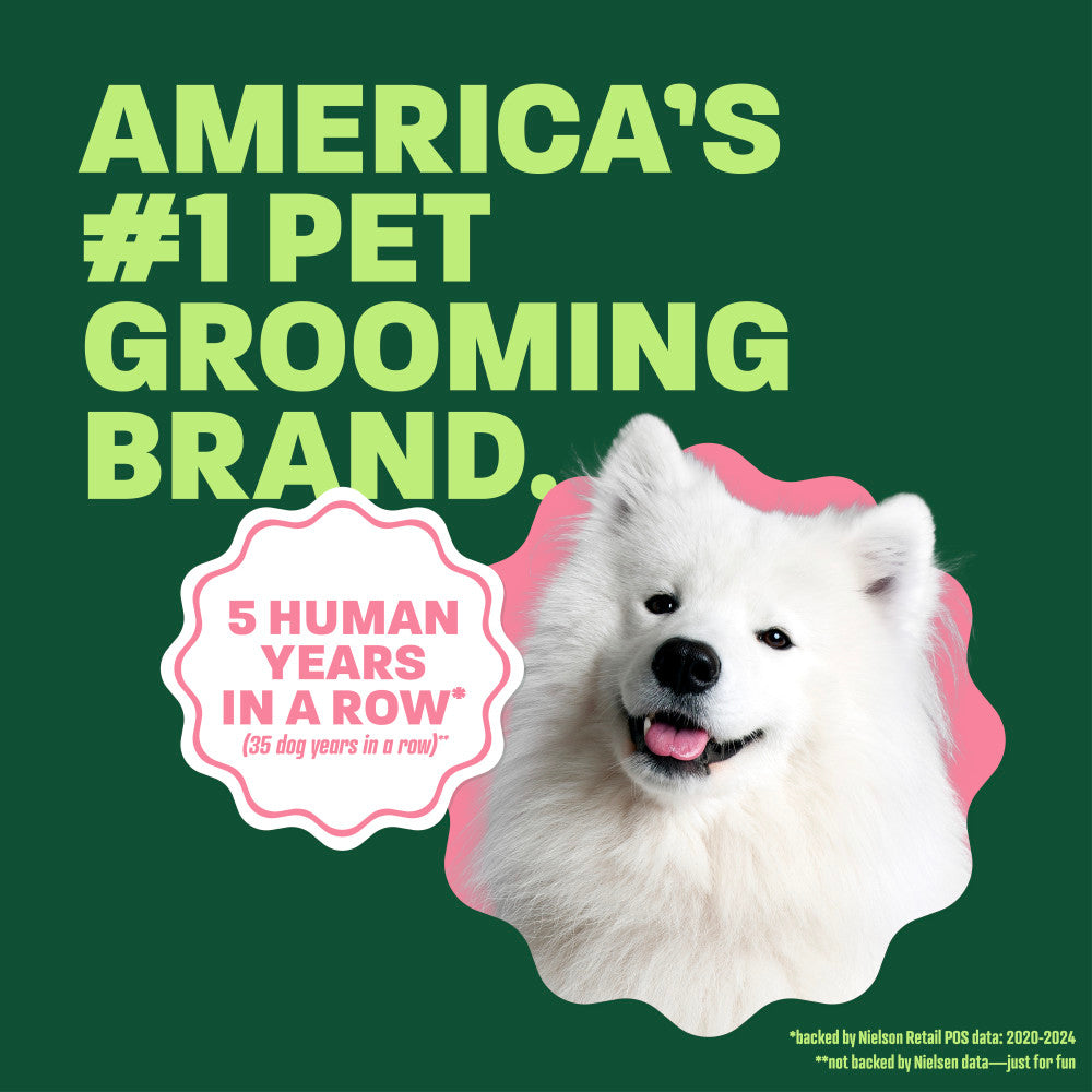 white dog head popping out. Text, "Americans #1 Pet grooming brand".
